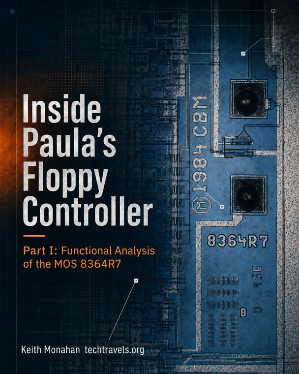 Cover of Inside Paula's Floppy Controller, Part I: Functional Analysis of the MOS 8364R7, by Keith Monahan, showing the vectorized die of the 8364R7 with its 1984 CBM and 8364R7 markings