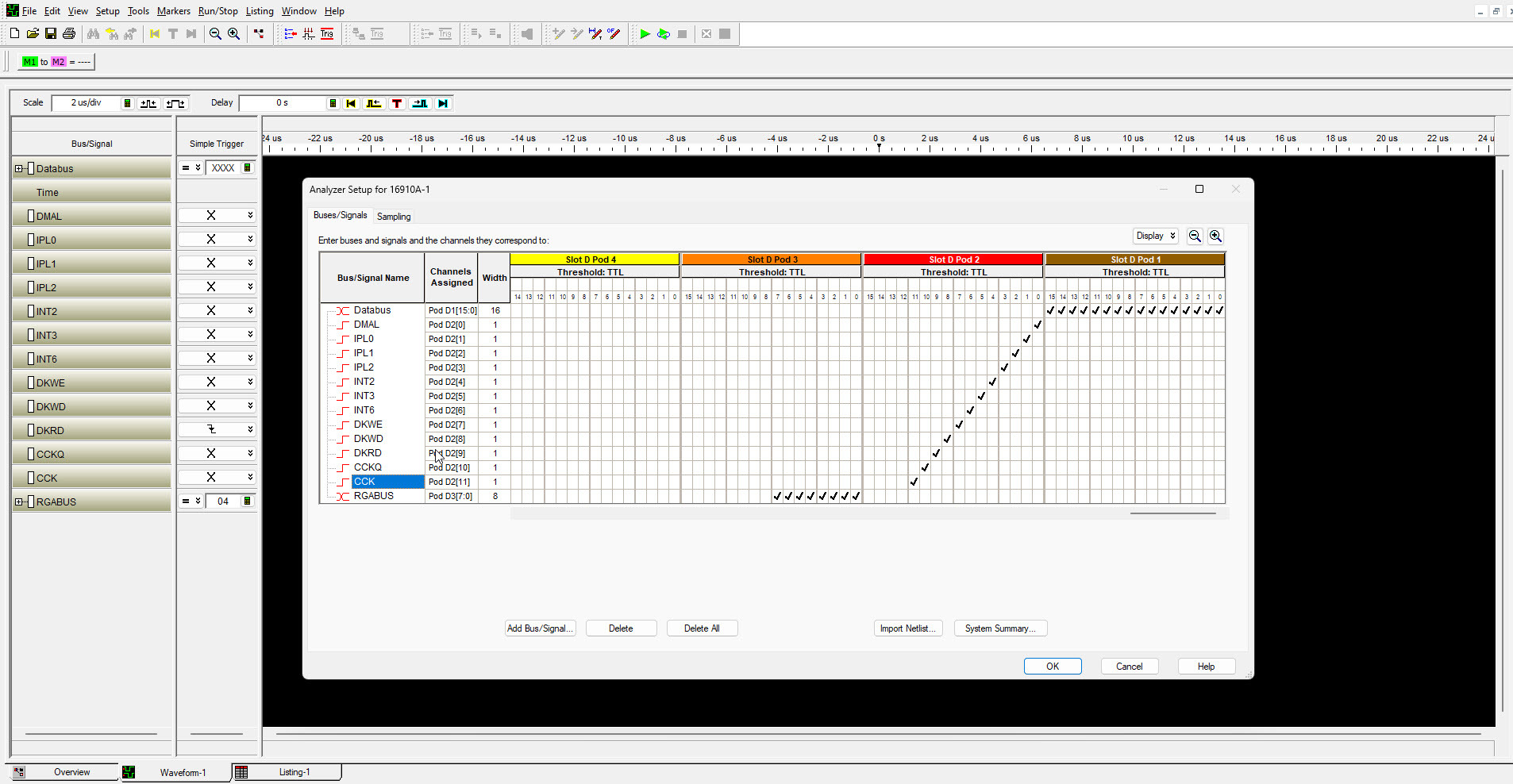 The analyzer setup dialog listing each bus and signal against the pod and channel it is wired to: Databus on pod D1 bits 15 to 0, then DMAL, IPL0 to IPL2, INT2, INT3, INT6, DKWE, DKWD, DKRD, CCKQ and CCK on pod D2, and RGABUS on pod D3