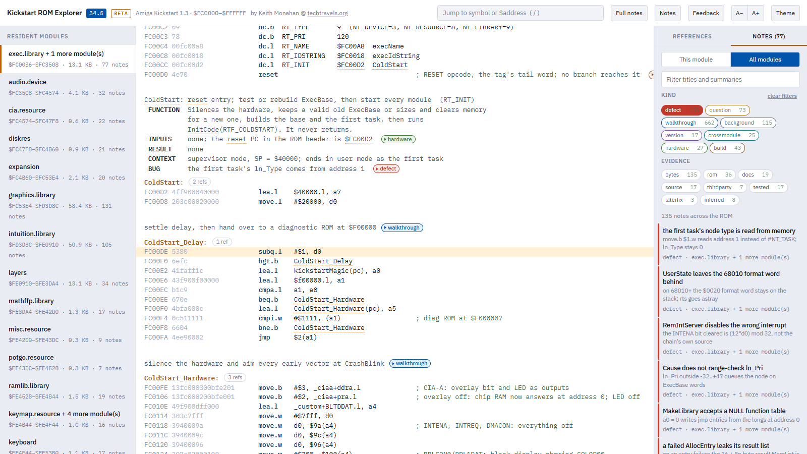The notes panel filtered to all 135 defects across the ROM