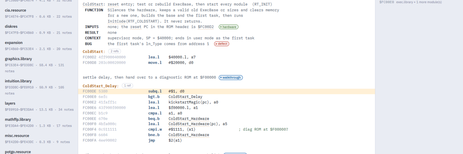 The Kick13 Explorer showing exec.library's ColdStart routine