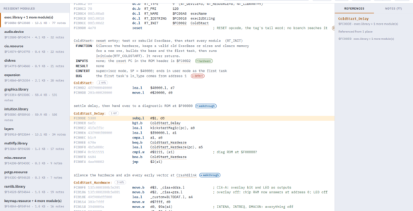 The Kick13 Explorer showing exec.library's ColdStart routine
