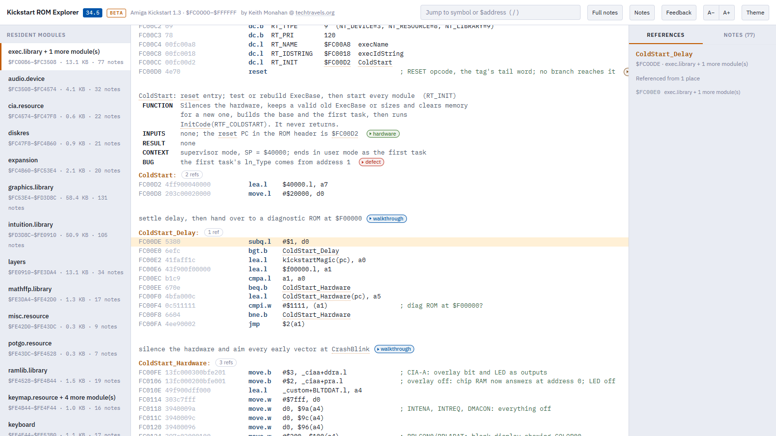 The Kick13 Explorer showing exec.library's ColdStart routine