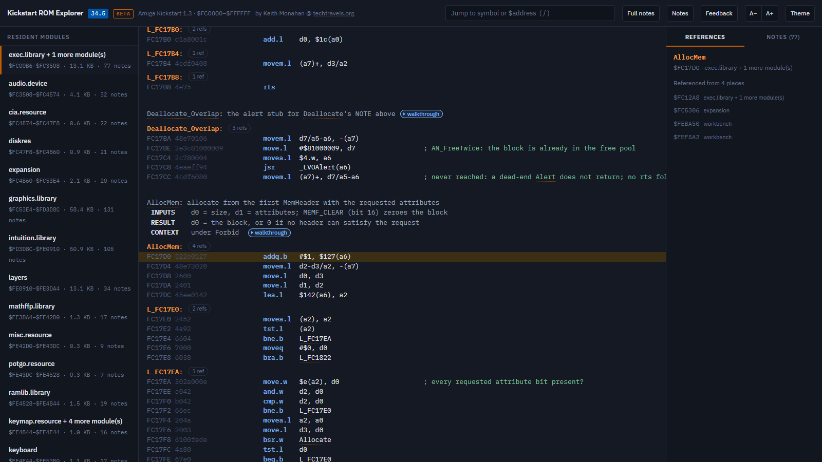 AllocMem in the dark theme, with the places that reference it listed on the right